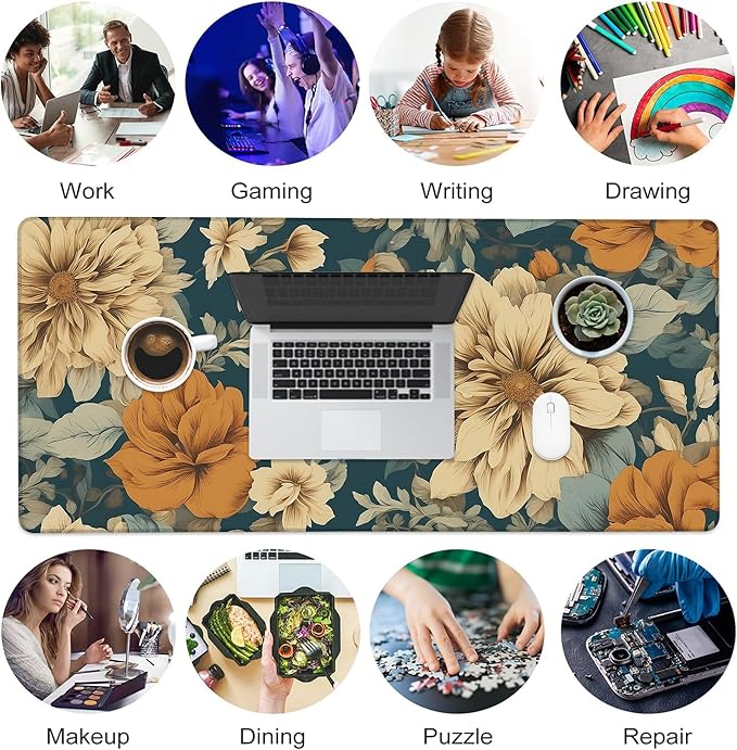 Desk Pad, Vintage Aesthetic Flower XXL Gaming Mouse Pad with Stitched Edges,Non-Slip Waterproof Rubber Base Large Desk Mat for Keyboard and Mouse 35.4"x15.7"