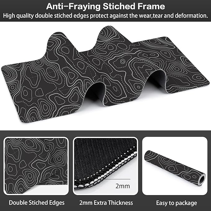 Large Gaming Mouse Pad for Desk, Black Ocean Bottom Topographic Line Map Desk Mat for Desktop, Non-Slip Rubber Base Stitched Edge Long Computer Keyboard Mouse Mat Desk Pad for Home Office 35.4"X15.7"