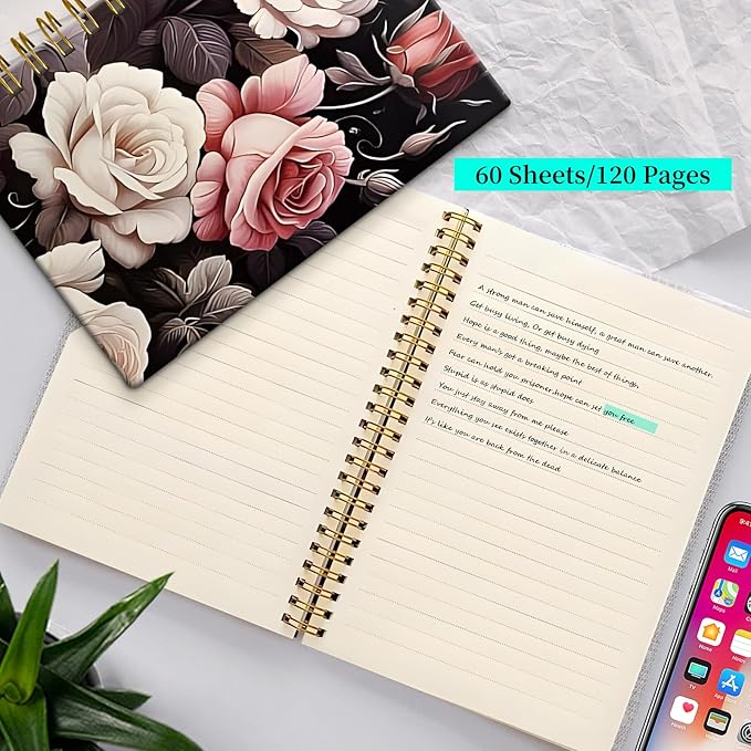 Spiral Notebook Journal for Women Men, A5 Hardcover Journal, 120 Pages Thick Paper, College Ruled Writing Notebook for School, Work & Office 8.3'' × 5.9''(Vintage Rose Floral)