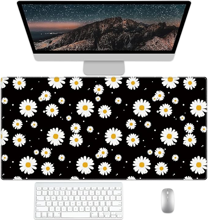 White Daisy Daisy Pad Protector, Stitched Edges Mouse Pad, Large Office Mat, Non-Slip Desk Blotter, Laptop Desk Pad, Flower Writing Pad for Office and Home (31.5" x 15.7")