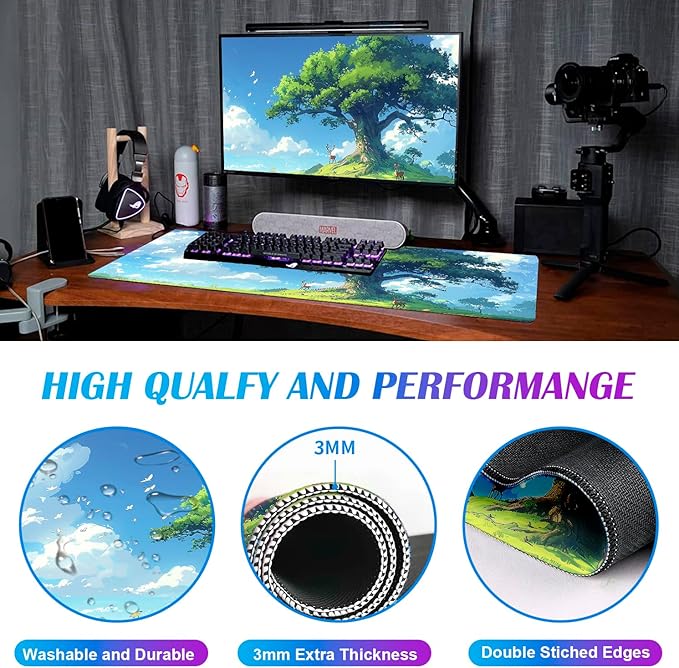 Simple and Cute Anime Landscape Computer Mouse Pad, Large Green Plant Outdoor Landscape Office Desk Pad, 35.4 x 15.7 x 0.12 Inch Sewn Edge Non Slip Rubber Base Mouse Pad