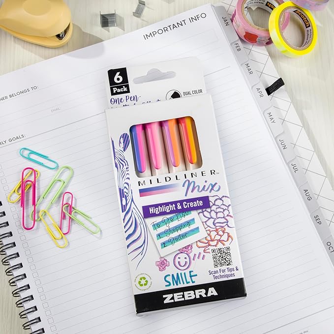 Zebra Pen Mildliner Mix Dual Color Highlighter Marker Set, Chisel Tip, Ideal for Bible Highlighting, No Bleed, School Supplies and Teacher Supplies, Assorted Colors, 6-Pack (77706)