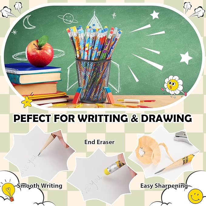 Handepo 72 Pcs Attendance Pencils with Eraser Bulk Assorted Wooden Pencils Student Carnival Prize Educational and Learning Activities Office Supply, 4 Style