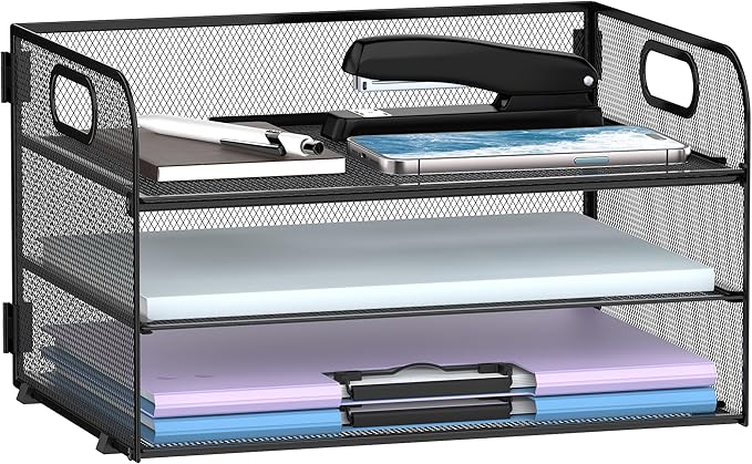 Supeasy 3 Tier Paper Organizer with Handle, Mesh Desk Organizer Letter Tray, Paper Tray File Organizer for A4 File Folder, Black