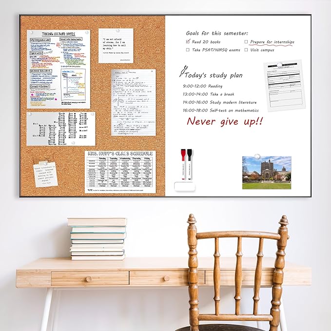 ARCOBIS Cork Board White Board Combo, Bulletin Board-Black Frame, Magnetic Dry Erase Board & Corkboard for Wall, Vision Board for Home, Office, School (Black, 48 x 30)
