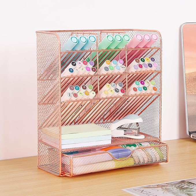 Spacrea Pen Holder Desk Organizer - Desk Organizers and Accessories, Pencil Holder with 10 Compartments and 1 Drawer（Rose Gold）