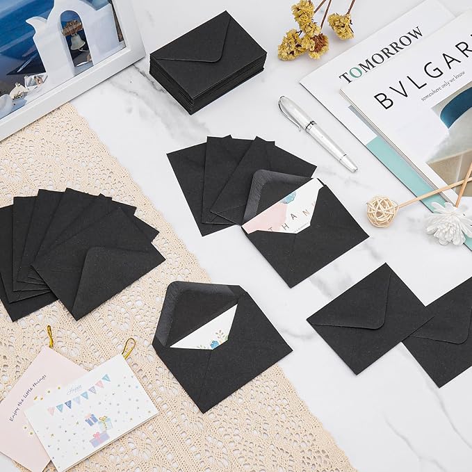 100 Pack 4 x 2.75" Mini Envelopes 120GSM Black Gift Card Envelopes Bulk Small Paper Gift Card Sleeves Greeting Card Business Card Tiny Envelope Pockets for Card & Invitation