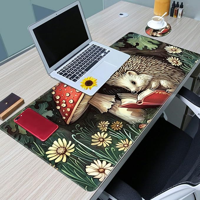 Desk Mat Large Gaming Mouse Pad (31.5x11.8 inch) with Stitched Edges, XL Mouse Pad +Coaster, Extended Mouse Mat Keybroad Mousepad Non-Slip Rubber for Gamer Men Women, Hedgehog Mushrooms