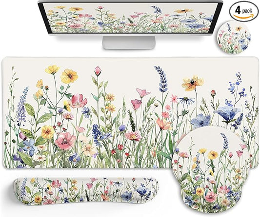 Flower Mouse Pad Set Large Desk Matt for Desktop, Ergonomic Mouse Pad with Wrist Rest, Gaming Wrist Support Keyboard Mat Cup Coaster Set Cute Office Desk Decor Accessories