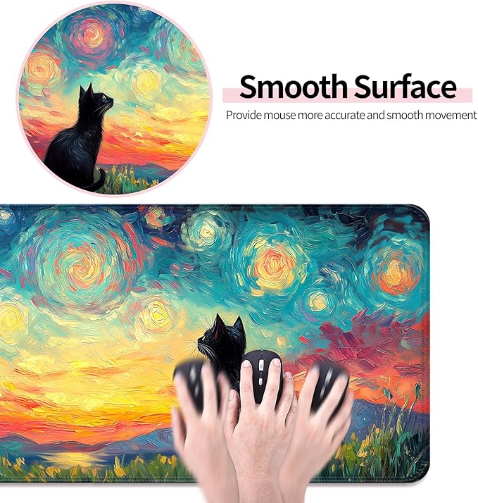 Cute Black Cat Fantasy Starry Night Gaming Desk Mat, Computer Keyboard Large Extended Long Animal Mouse Pad for Office and Home, XL (W03)