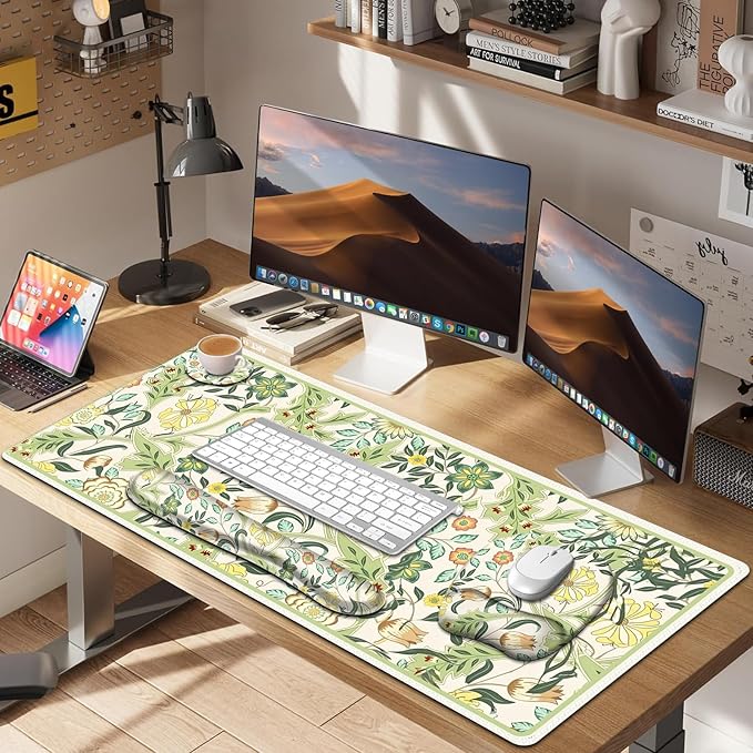 4 in 1 Large Mouse Pad, Keyboard Wrist Rest Set, Ergonomic Mouse Pad with Wrist Support, Desk Mat with Stitched Edges Extended Desk Pad Waterproof Desk Mat for Home Office Game I Green Flower Plants