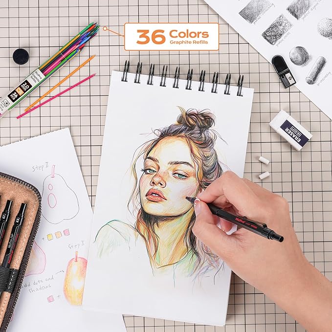 Nicpro 30PCS Black Metal Mechanical Pencil Set in Leather Case, Art Drafting Pencil 0.5, 0.7, 0.9 mm, 2mm Lead Pencil Holders for Sketching Drawing With 16 Tube (6B 4B 2B HB 2H 4H Colors)Lead Refills