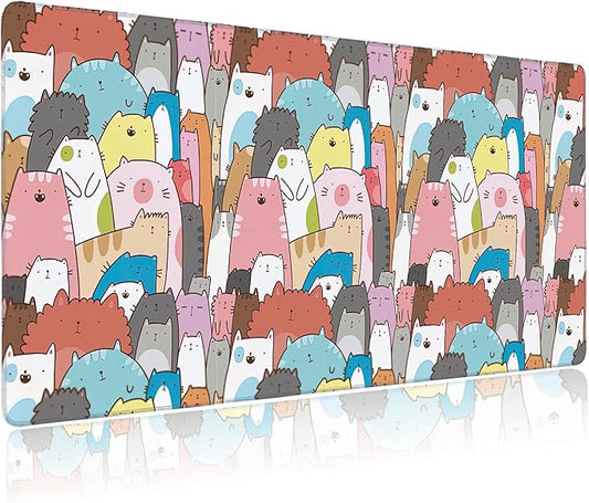 Large Mouse Pad Doodle Cats and Kittens Extended Gaming Mouse Pad Non-Slip Desk Mat with Stitched Edge Laptop Computer Keyboard Mousepad for Office Home 35.4" x 15.7"