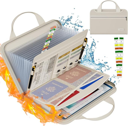 Tamfile Fireproof Accordion File Organizer with Handle, 13 Pocket Expanding File Folder with Zipper & Labels, File Folder with Multi-Pockets Paper Organizer Folder for Letter A4 Files, Beige