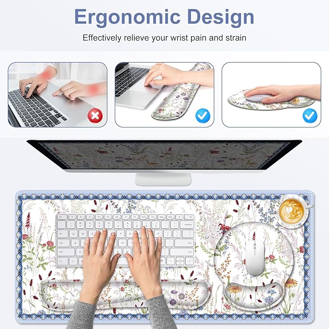 Floral Desk Mat, 4in1 Large Mouse Pad with Wrist Rest, Cute Desk Matt for Desktop, Desk Pad Mat, Anti-Slip XXL Computer Ergonomic Mousepad with Wrist Support for Keyboard and Mouse I Colorful Weeds