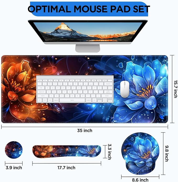 AIMSA Desk Mat Set, Large Gaming Mouse Pad with Wrist Rest, Ergonomic Mouse Pad and Keyboard Mat Wrist Support for Home Office Desk Accessories Decor -Fire and Ice Flower