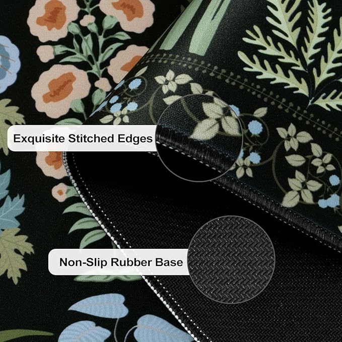 HAOCOO Black XXL Mouse Pad, Floral Desk Mat for Keyboard and Mouse, Vintage Keyboard Mat with Non-Slip Rubber Base, Water-Resistant Desk Pad Mat with Stitched Edges for Office