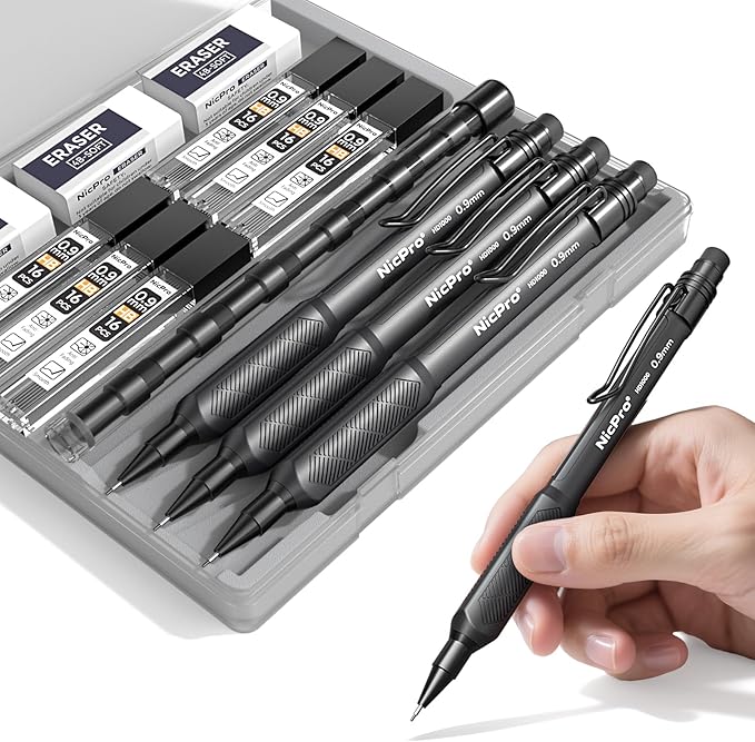 Nicpro Art Mechanical Pencil 0.9mm with Case, 3PCS HD1000 Hevey Duty Lead Pencils With 6 Tube HB 0.9 Lead Refill, Eraser, Weatherproof Barrel Pencil Set for Outdoor Writing Drafting Drawing Sketching
