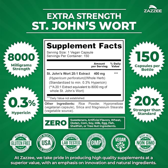 Zazzee Extra Strength St. John’s Wort 20:1 Extract, 8000 mg Strength, 0.3% Hypericin, 150 Vegan Capsules, 5 Month Supply, Concentrated, Standardized 20X Extract, 100% Vegetarian, Non-GMO, All-Natural