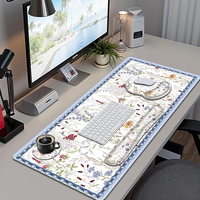 Floral Desk Mat, 4in1 Large Mouse Pad with Wrist Rest, Cute Desk Matt for Desktop, Desk Pad Mat, Anti-Slip XXL Computer Ergonomic Mousepad with Wrist Support for Keyboard and Mouse I Colorful Weeds