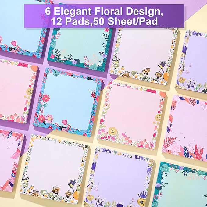 Zonon 12 Pads Cute Flower Sticky Notes 3'' x 3'' Summer Floral Sticky Memo Notes 6 Styles Floral Notepads for School Office Tea Party Gift Birthday Baby Shower Party Favor Notepads Message Reminder