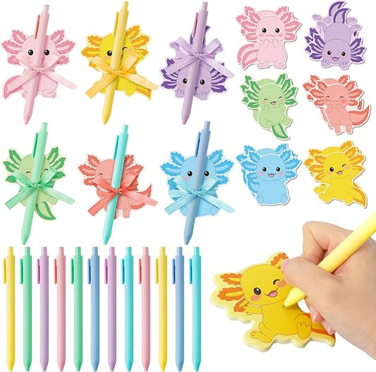 72pcs Cute Axolotl Sticky Notes & Pens & Ribbons Set, Colorful Axolotl Theme Pastel Notepad, Self-Stick Memo Pad for Teacher Birthday Gift Office Classroom Back to School Party Favor Supplies