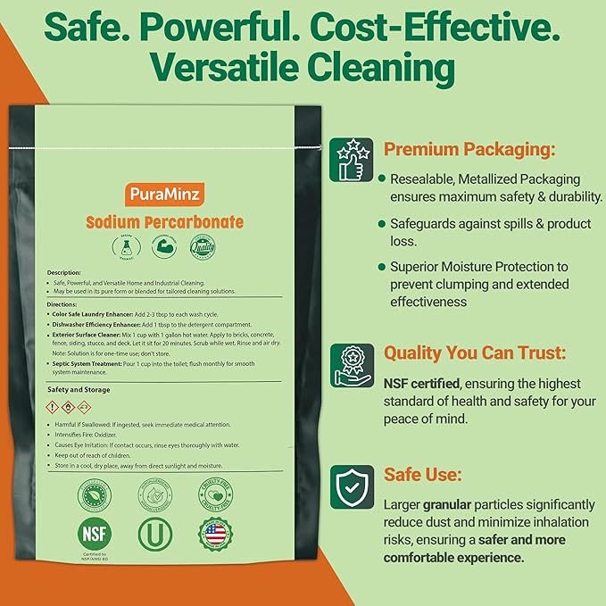 Sodium Percarbonate - 10 Pound - Premium Oxygen Bleach Powder - Solid Hydrogen Peroxide - Multipurpose Cleaner - Color Safe Laundry Stain Removal, Dishwasher, Deodorizer - Industrial Grade Strength
