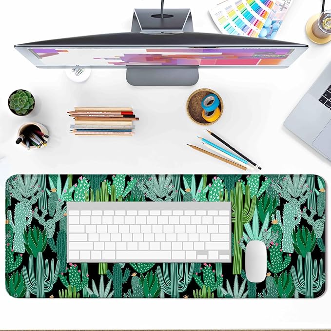 Cactus Gaming Desk Mat, Extended Large Minimalist Green Plant Aesthetic Mouse Pad, Computer Keyboard Laptop Mousepad for Work, Office and Home, XL