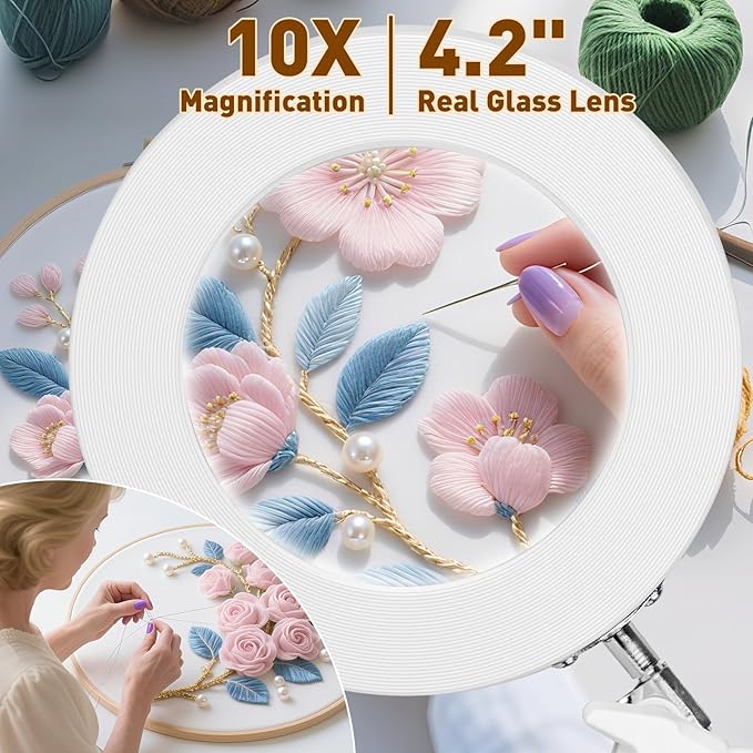 KIRKAS 10X LED Magnifying Lamp with Clamp Real Glass Lens, 3 Color Modes and Stepless Dimmable Magnifier Desk Lamp,Adjustable Swivel Arm Lighted Magnifying Glass for Repair Craft Close Work-White