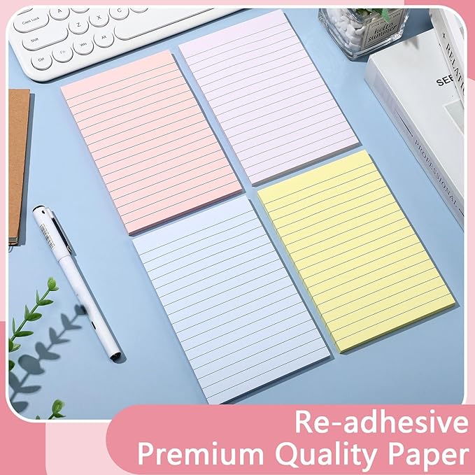 12 Pads Pastel Color Boho Sticky Notes 4x6 with Line, Lined Self Stick Notes Pads Boho Office Supplies, Vintage Aesthetic School Accessories 50 Sheets/pad