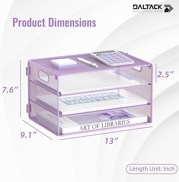 DALTACK 3 Tier Letter Tray Paper Organizer with Handle, Mesh Desk File Organizer, Paper Tray Desk Organizer for School Office Home, Metal Mesh, Purple