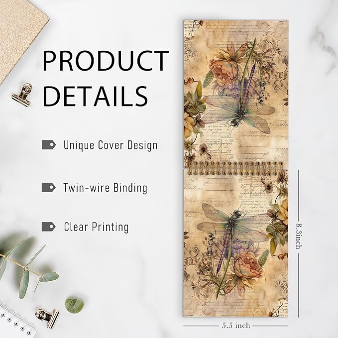 Dragonfly Top Spiral Notebook, Dragonfly Gifts for Women, Dragon Fly Journal Notebook, Vintage Dragonfly Notebooks for School Work, Dragonfly Floral Office Supplies Gifts for Women Men,5.5x8.3 In