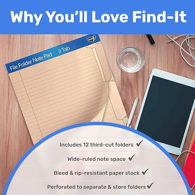 Find It File Folder Notepad - Pack of 12-9.5 x 12.5 Inch Notebook Organizer Folders for Filing, Document, and Clipboard Organization - Manila