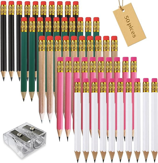 Adhere 25pcs Golf Pencils with eraser Hexagon Wooden Pencils Graphite 2B for Golf Event Scoring,Classroom,Wedding,Company Meetings,Pew, Pocket (Black・White・Green・Pink・Nature・50pcs)