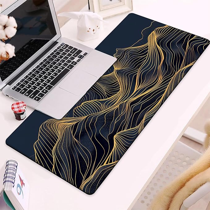 Gaming Mouse Pad, Abstract Golden Mountains and Red Sun Large Desk Mat for Keyboard and Mouse,Non-Slip Rubber Base and Stitched Edges Desk Pad for Home Office 35.4x15.7in