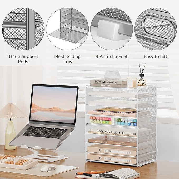SUBEKYU 9 Tier Paper Letter Tray Desk Organizer with Handles - White Metal Mesh File Holder Paper Sorter Desk Organizer for Office Home School, Include 6 Pcs Adjustable Slid Tray, 6 Colors Available