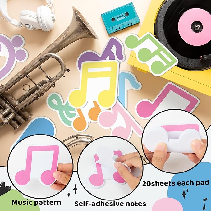 CJiangpo 30Pcs Music Themed Sticky Notes Cute Musical Note Sticky Note Pads, 600 Sheets Self Stick Notepad Memo Pads Funny Page Marker Classroom Rewards Music Themed Gift for Kids