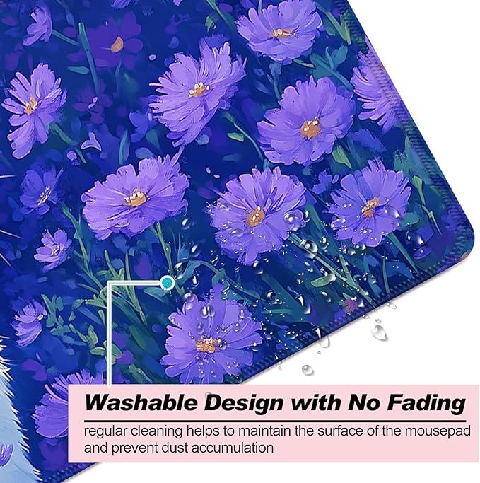 Cute White Cat and Purple Daisy Gaming Desk Mat, Computer Keyboard Large Extended Long Flower Mouse Pad for Office and Home, XL (W25)