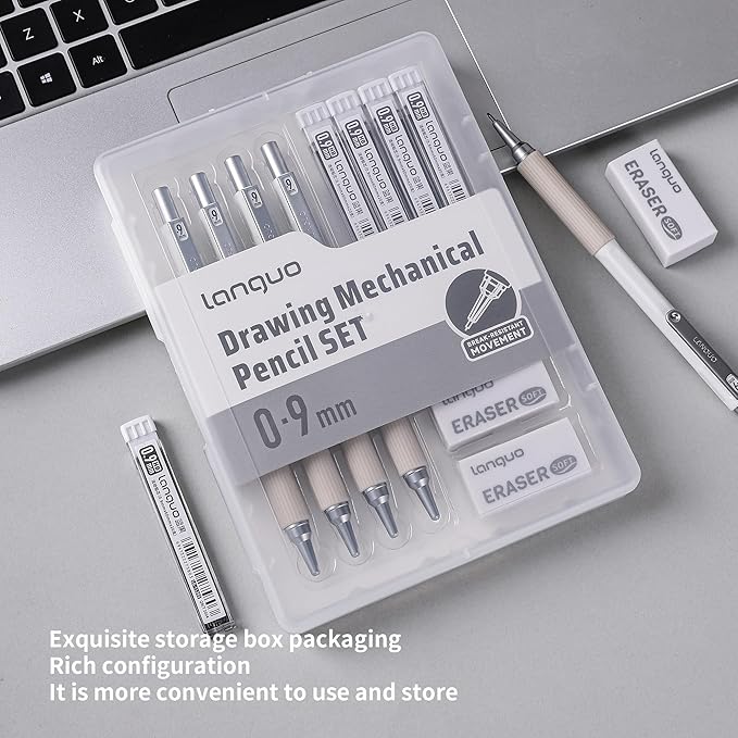 0.9mm Mechanical Pencil Set with Case, 4PCS Drafting Mechanical Pencils Kit – 4 Tubes HB Lead Refills, 3 Erasers, Ideal Pencil Set for Writing & Drawing