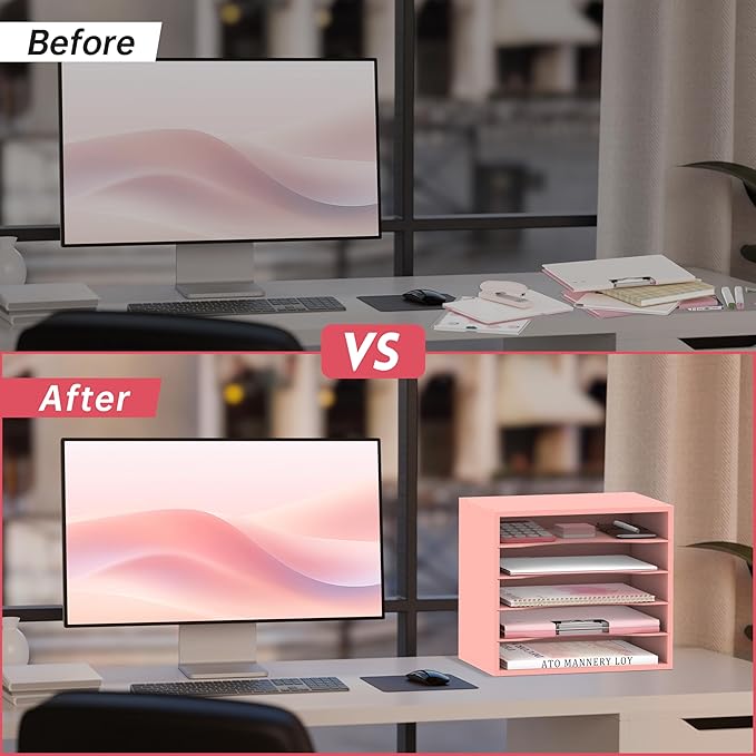 SUPEASY Wood Desk Organizer, 5 Tier Paper File Organizer for Desk, Wooden Desktop Organizer, Paper Letter Literature Mail Sorter, for Office School & Home Organization, Pink