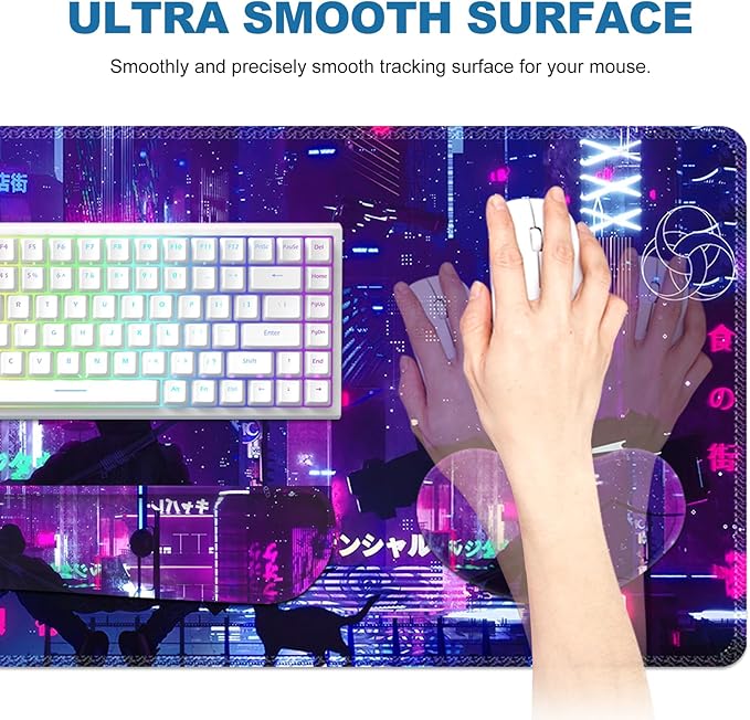 Anime Neon Large Mouse Pad and Keyboard Wrist Rest,Purple Extended Mouse Pad with Wrist Support Ergonomic, Non-Slip Desk Mat, Desk Protector Blotter for Home Office, Warrior Cat