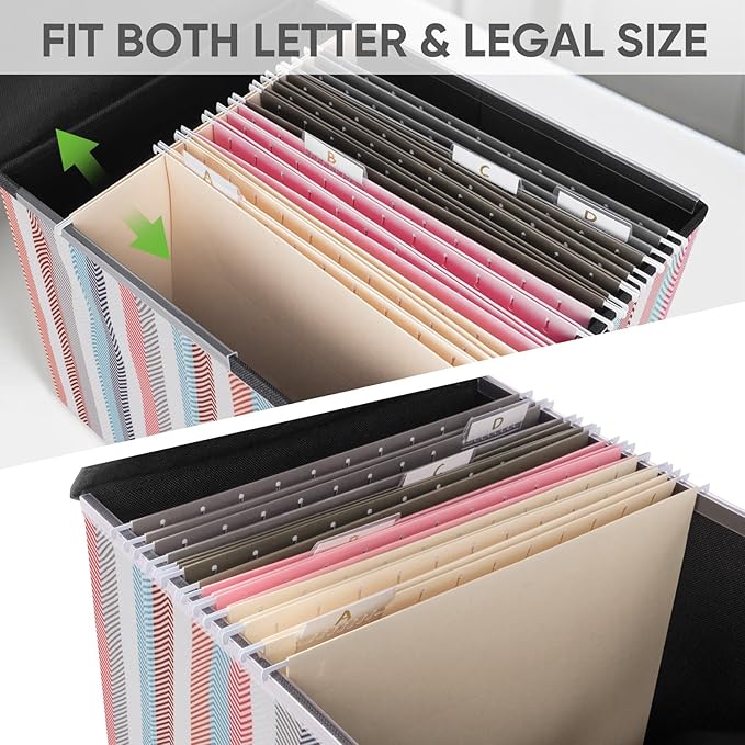 BALEINE File Organizer Box with Lid, Collapsible File Folder Organizer with Plastic Slide, Hanging File Folder Box for Office Document Storage (2 Pack, Color Stripe)