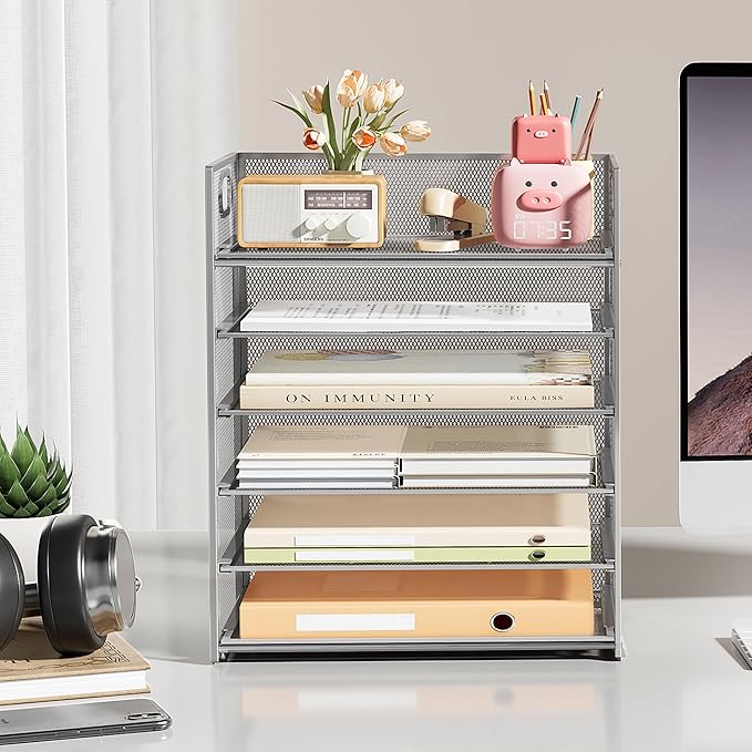 Subekyu 6 Tier Paper Organizer for Desk with Handle, Metal Mesh Desk Office File Folder Paper Letter Tray Accessories Organizer Sorter for Home, School, Office Desktop Document Organization - Silver