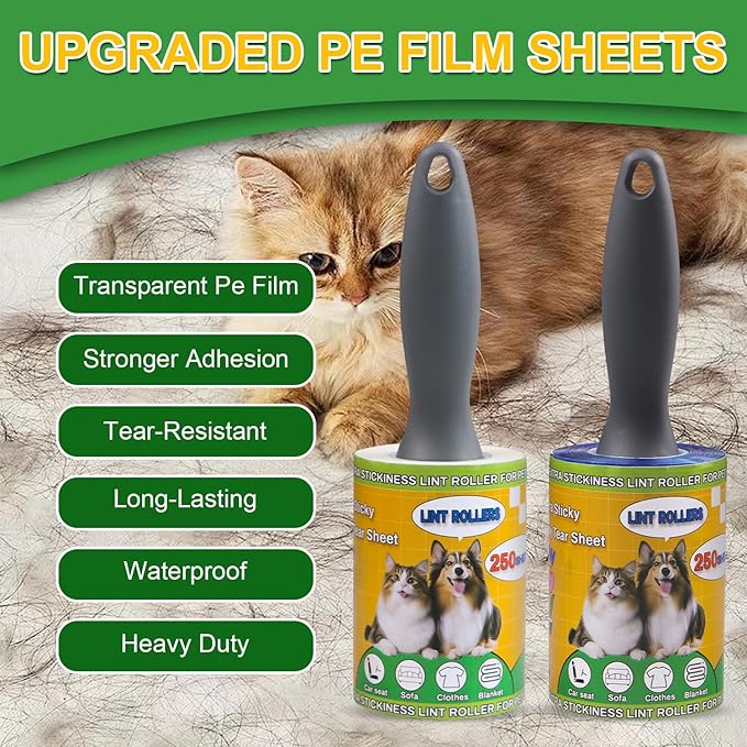 Sunroda Lint Roller Pet Hair Value Pack of 500 Sheets, Extra Sticky Lint Remover for Dog & Cat Fur, Clothes, Furniture, Couches Reusable Rollers for Fuzz, Fluff & Hair (White, 2 Count / 500 Sheets)