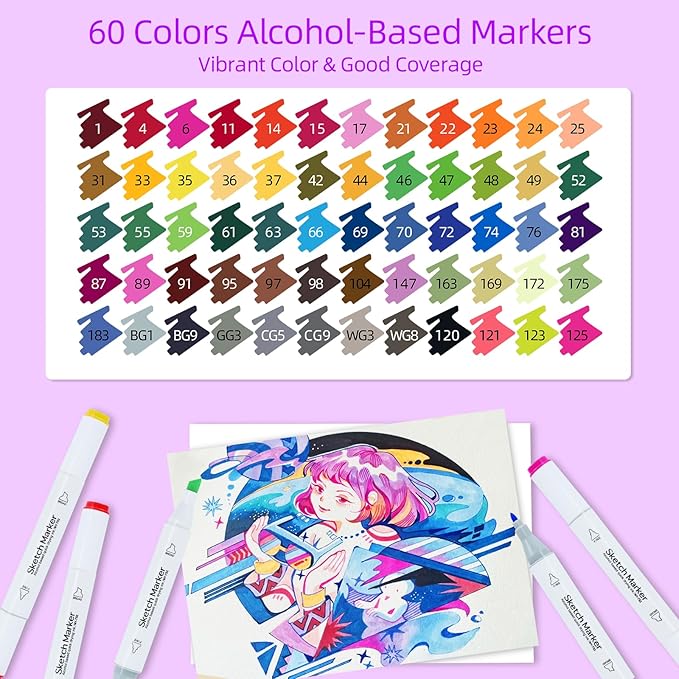 60 Alcohol Markers, Dual Brush Tip Art Markers, Coloring Marker for Adults Illustration Book Painting Card Making