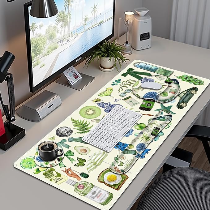 Mouse Pad, 4 in1 Large Desk Mat, Desk Pad Matt for Desktop, Anti-Slip XXL Big Computer Ergonomic Mousepad with Wrist Support for Keyboard and Mouse for Women I Green Theme Stickers