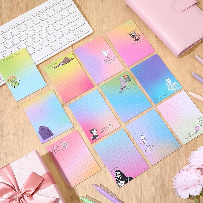 12 Pcs Funny Sticky Notes for Work 4x3 Inches Sarcastic Self Adhesive Notepads Novelty Memo Note Pads for Office Coworker Gifts Employee Appreciation Supplies(Funny,Multi Color)
