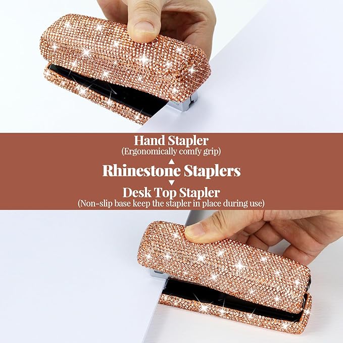 Multibey Rhinestone Stapler for Desk- Bling Crystal Desktop Stapler with 2000 Silver Staples, 25 Sheet Capacity, Elegant Office Staplers & Dazzling Desk Accessory for Women Lady (Champagne Gold)