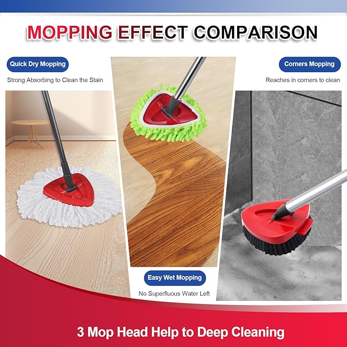 Upgraded Scrub Brush Compatible with O-Cedar EasyWring 1 System 7 Pack Triangle Mop Reusable Mop Pads Mop Head Mop Replacement Set with Base for Deep Clean White and Green