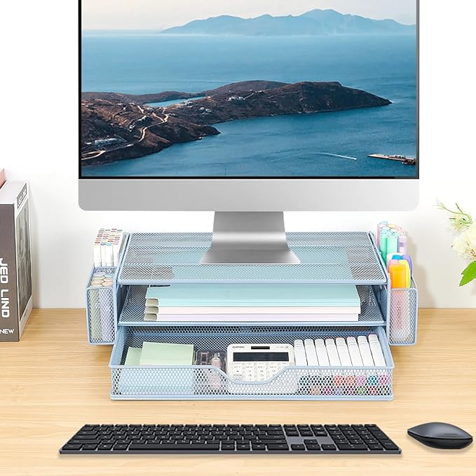 AUPSEN Computer Monitor Stands Riser，2-Tier Desk Organizers and Accessories, Office Desk Accessories Organizer with Drawers and 2 Pen Holder for Office Supplies (Blue)